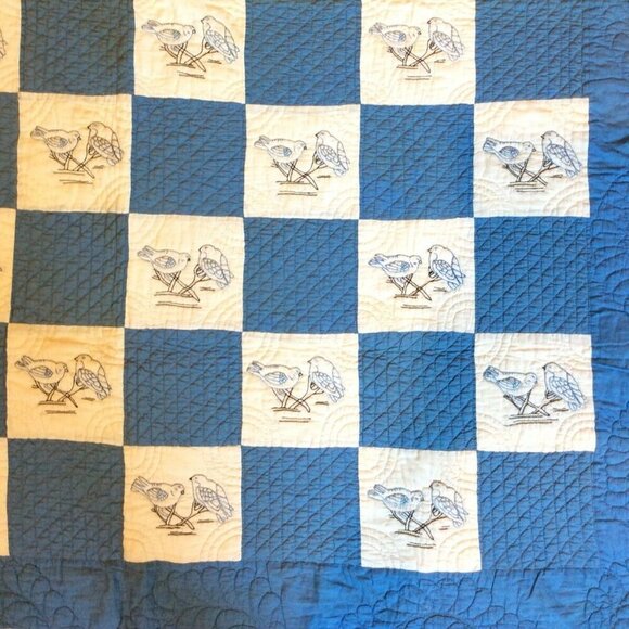 Handmade Four Patch Squares Quilt Embroidered Love Birds Blue White STAINED - Picture 3 of 12